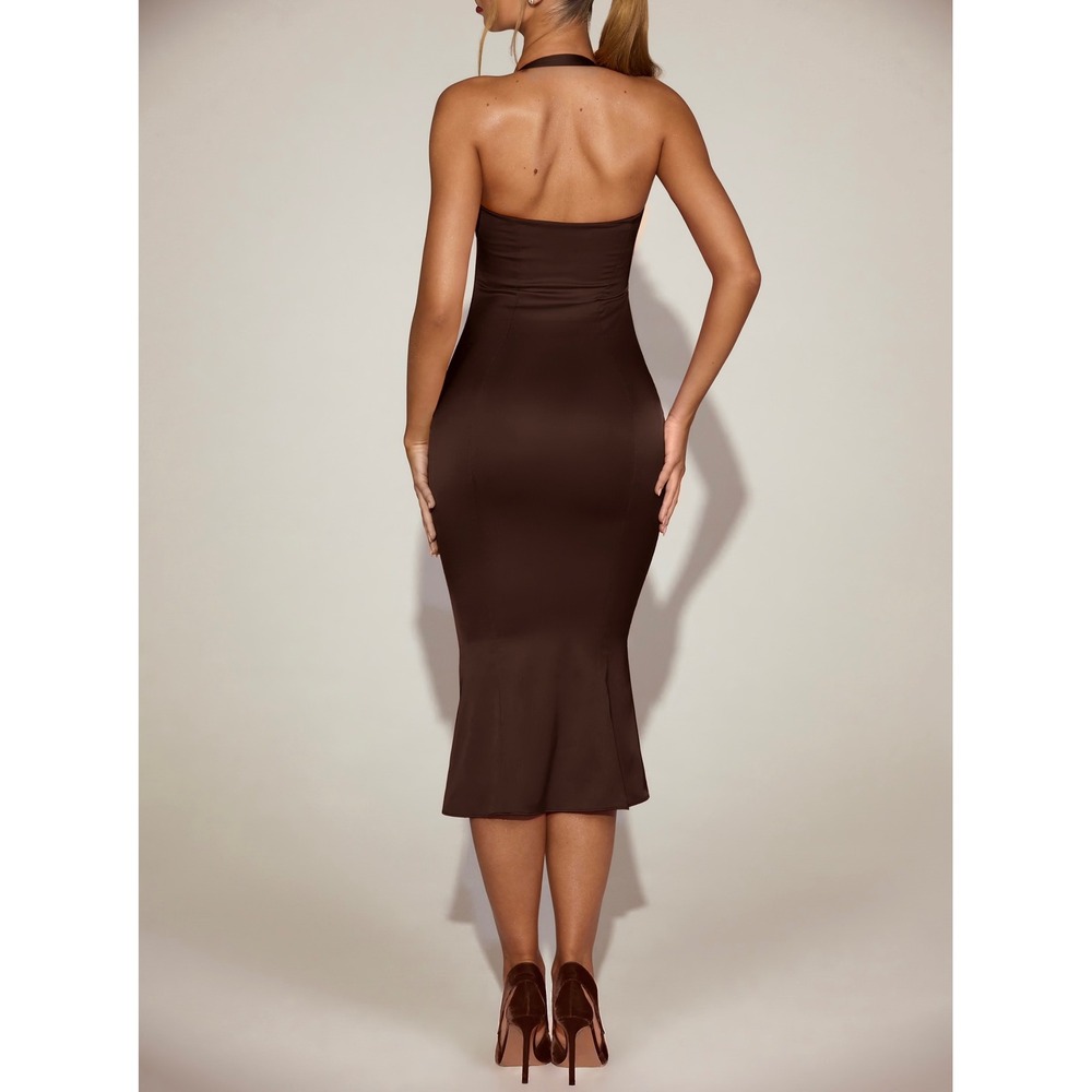 Oh Polly Chocolate Brown Underwire Lace Halter Mermaid Midi Dress US 6 New - Picture 2 of 10